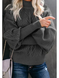 Clearance Women's Pink Sweater Mock Neck Cable Knit Fall Winter Work Elegant Fashion Daily Long Sleeve Textured Hot Pink Red Women Pullovers & Tops
