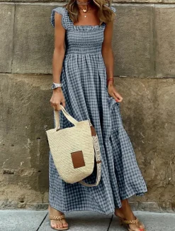 Hot Women's Plaid Dress Casual Dress Slip Dress Plaid Ruffle Backless Spaghetti Strap Long Dress Maxi Dress Vacation Sleeveless Summer Women White Dresses