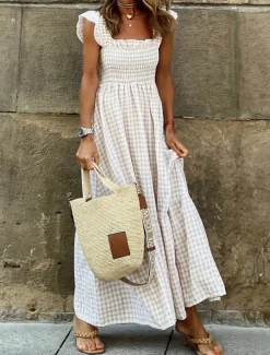 Hot Women's Plaid Dress Casual Dress Slip Dress Plaid Ruffle Backless Spaghetti Strap Long Dress Maxi Dress Vacation Sleeveless Summer Women White Dresses