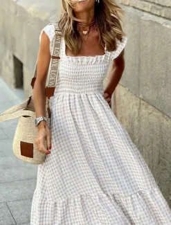 Hot Women's Plaid Dress Casual Dress Slip Dress Plaid Ruffle Backless Spaghetti Strap Long Dress Maxi Dress Vacation Sleeveless Summer Women White Dresses