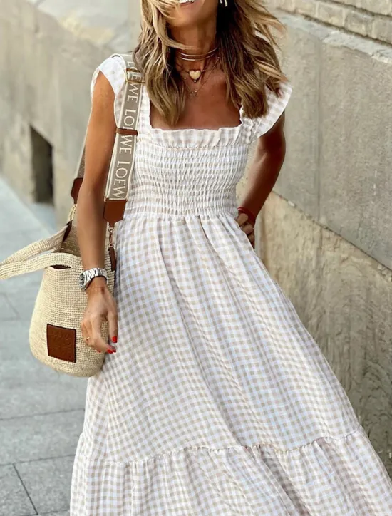 Hot Women's Plaid Dress Casual Dress Slip Dress Plaid Ruffle Backless Spaghetti Strap Long Dress Maxi Dress Vacation Sleeveless Summer Women White Dresses