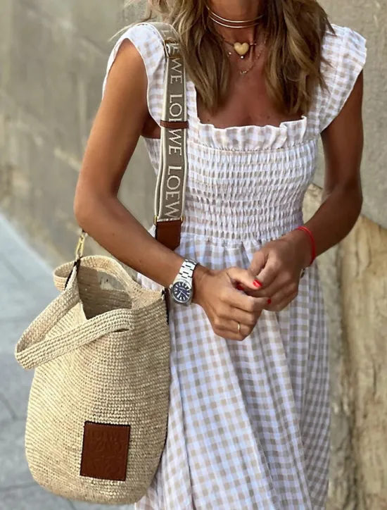 Hot Women's Plaid Dress Casual Dress Slip Dress Plaid Ruffle Backless Spaghetti Strap Long Dress Maxi Dress Vacation Sleeveless Summer Women White Dresses