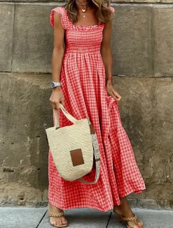 Hot Women's Plaid Dress Casual Dress Slip Dress Plaid Ruffle Backless Spaghetti Strap Long Dress Maxi Dress Vacation Sleeveless Summer Women White Dresses