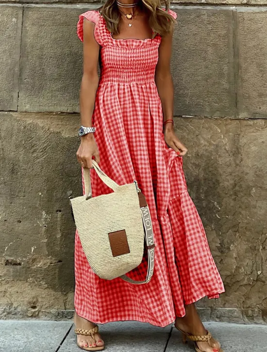 Hot Women's Plaid Dress Casual Dress Slip Dress Plaid Ruffle Backless Spaghetti Strap Long Dress Maxi Dress Vacation Sleeveless Summer Women White Dresses