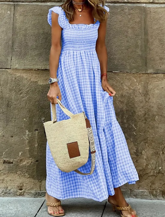 Hot Women's Plaid Dress Casual Dress Slip Dress Plaid Ruffle Backless Spaghetti Strap Long Dress Maxi Dress Vacation Sleeveless Summer Women White Dresses