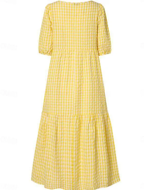 Clearance Women's Plaid Dress Casual Dress Plaid Print Crew Neck Midi Dress Vacation Half Sleeve Summer Women Vacation Dresses