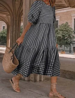 Clearance Women's Plaid Dress Casual Dress Plaid Print Crew Neck Midi Dress Vacation Half Sleeve Summer Women Vacation Dresses