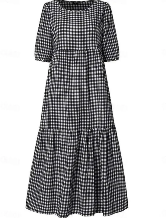 Clearance Women's Plaid Dress Casual Dress Plaid Print Crew Neck Midi Dress Vacation Half Sleeve Summer Women Vacation Dresses