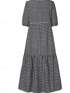 Clearance Women's Plaid Dress Casual Dress Plaid Print Crew Neck Midi Dress Vacation Half Sleeve Summer Women Vacation Dresses