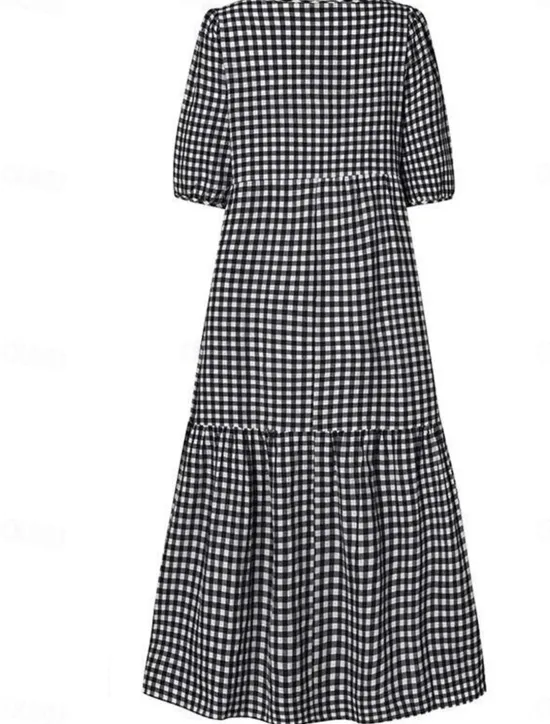 Clearance Women's Plaid Dress Casual Dress Plaid Print Crew Neck Midi Dress Vacation Half Sleeve Summer Women Vacation Dresses