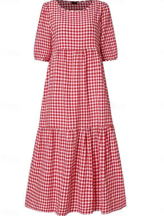 Clearance Women's Plaid Dress Casual Dress Plaid Print Crew Neck Midi Dress Vacation Half Sleeve Summer Women Vacation Dresses