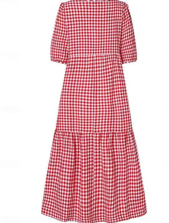 Clearance Women's Plaid Dress Casual Dress Plaid Print Crew Neck Midi Dress Vacation Half Sleeve Summer Women Vacation Dresses