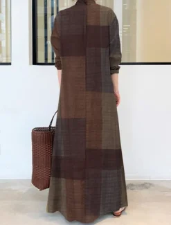 Discount Women's Plaid Shirt Collar Maxi Dress Long Sleeve Spring Fall Women Vacation Dresses