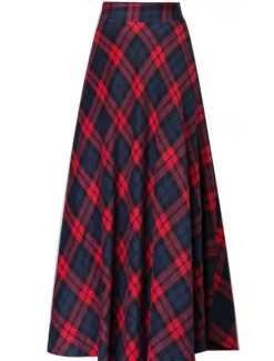 Women's Plaid U Neck Long Dress Maxi Dress Fall Winter Women Skirts