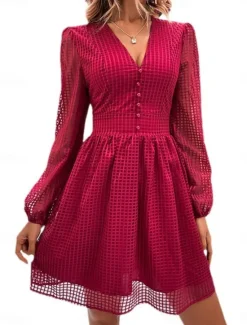 Women's Plaid V Neck Mini Dress Long Sleeve Summer Spring Women Work Dresses