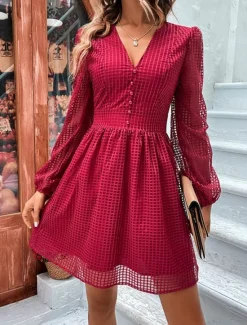Women's Plaid V Neck Mini Dress Long Sleeve Summer Spring Women Work Dresses