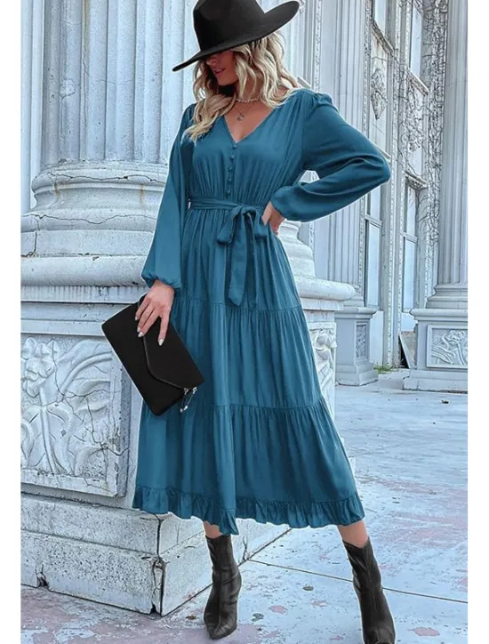 Clearance Women's Plain Dress Maxi Dress Lace up Ruched Casual V Neck Long Sleeve Blue Orange Green Color Women Work Dresses