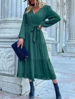 Clearance Women's Plain Dress Maxi Dress Lace up Ruched Casual V Neck Long Sleeve Blue Orange Green Color Women Work Dresses