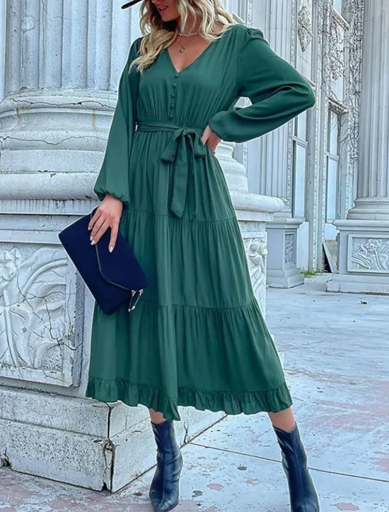 Clearance Women's Plain Dress Maxi Dress Lace up Ruched Casual V Neck Long Sleeve Blue Orange Green Color Women Work Dresses