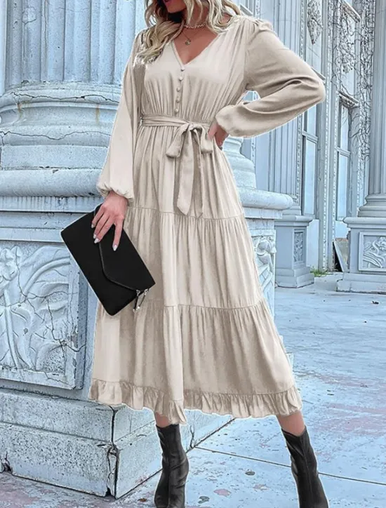Clearance Women's Plain Dress Maxi Dress Lace up Ruched Casual V Neck Long Sleeve Blue Orange Green Color Women Work Dresses
