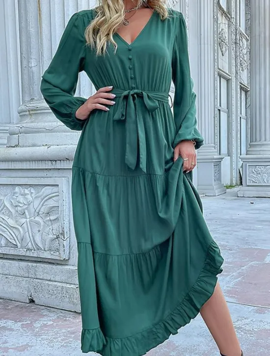 Clearance Women's Plain Dress Maxi Dress Lace up Ruched Casual V Neck Long Sleeve Blue Orange Green Color Women Work Dresses