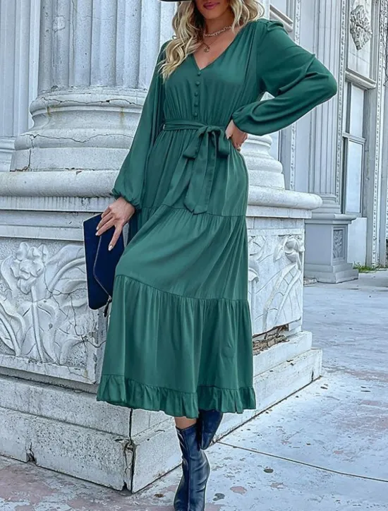 Clearance Women's Plain Dress Maxi Dress Lace up Ruched Casual V Neck Long Sleeve Blue Orange Green Color Women Work Dresses