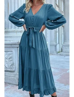 Clearance Women's Plain Dress Maxi Dress Lace up Ruched Casual V Neck Long Sleeve Blue Orange Green Color Women Work Dresses
