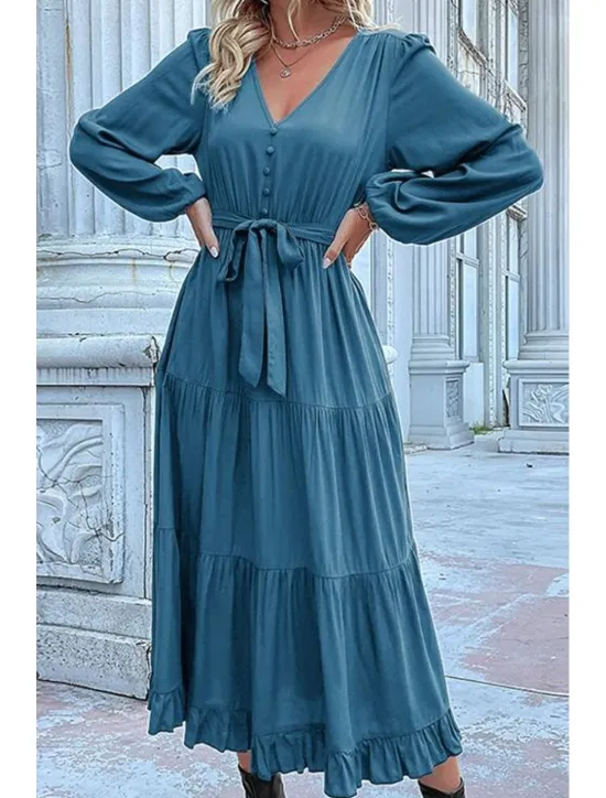 Clearance Women's Plain Dress Maxi Dress Lace up Ruched Casual V Neck Long Sleeve Blue Orange Green Color Women Work Dresses