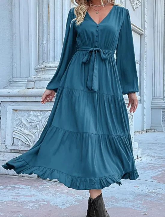 Clearance Women's Plain Dress Maxi Dress Lace up Ruched Casual V Neck Long Sleeve Blue Orange Green Color Women Work Dresses