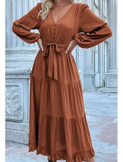 Clearance Women's Plain Dress Maxi Dress Lace up Ruched Casual V Neck Long Sleeve Blue Orange Green Color Women Work Dresses