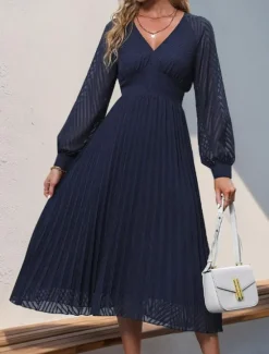 Clearance Women's Plain Dress Midi Dress Mesh Patchwork Elegant Vintage V Neck Long Sleeve Black Blue Color Women Work Dresses
