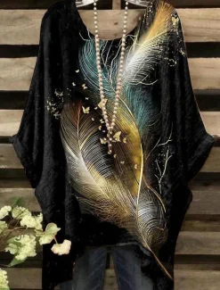 Hot Women's Plus Size Blouse Chiffon Vintage Holiday Casual Print Dolman Sleeve 3/4 Length Sleeve Crew Neck Daily Weekend Black Dark Blue Summer Spring Fall Women Chiffon Tops