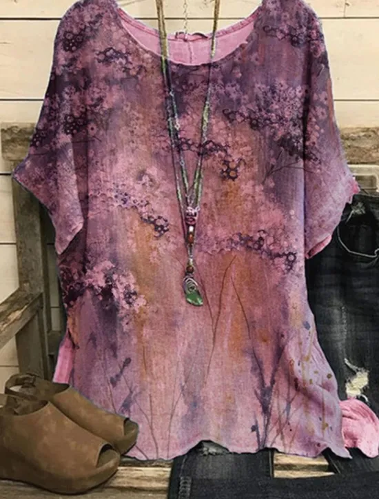 Outlet Women's Plus Size Blouse Chiffon Vintage Basic Holiday Floral Print Dolman Sleeve Short Sleeve Regular Tops Crew Neck Vacation Daily Weekend Pink Blue Green Gray Summer Spring Women Spring Tops|Chiffon Tops