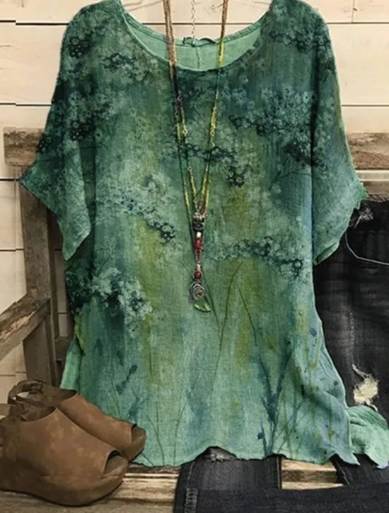 Outlet Women's Plus Size Blouse Chiffon Vintage Basic Holiday Floral Print Dolman Sleeve Short Sleeve Regular Tops Crew Neck Vacation Daily Weekend Pink Blue Green Gray Summer Spring Women Spring Tops|Chiffon Tops