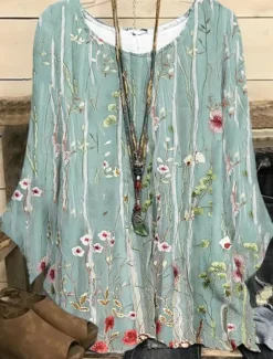 Best Women's Plus Size Blouse 3D Print Vintage Holiday Casual Floral Print Regular Tops Crew Neck Vacation Daily Black White Dark Green Green khaki Spring Fall Winter Women Spring Tops