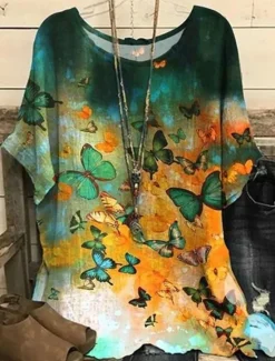 Discount Women's Plus Size Blouse Floral Vintage Streetwear Holiday Short Sleeve Dolman Sleeve Crew Neck Regular Tops Vacation Daily Print Yellow Red Summer Spring Women Chiffon Tops