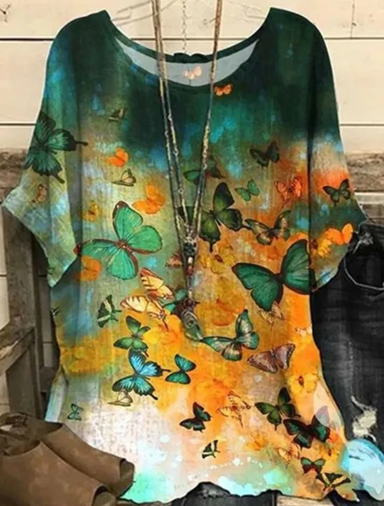 Discount Women's Plus Size Blouse Floral Vintage Streetwear Holiday Short Sleeve Dolman Sleeve Crew Neck Regular Tops Vacation Daily Print Yellow Red Summer Spring Women Chiffon Tops
