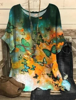 Discount Women's Plus Size Blouse Floral Vintage Streetwear Holiday Short Sleeve Dolman Sleeve Crew Neck Regular Tops Vacation Daily Print Yellow Red Summer Spring Women Chiffon Tops