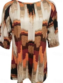 Sale Women's Plus Size Blouse Graphic Vintage Basic Casual Short Sleeve Dolman Sleeve Crew Neck Vacation Daily Weekend Print Blue Purple Brown Summer Spring Women Chiffon Tops