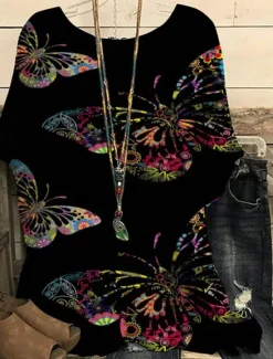 Online Women's Plus Size Blouse Graphic Polka Dot Butterfly Punk & Gothic Short Sleeve Dolman Sleeve Round Neck Regular Tops Daily Going out Weekend Print Black Blue Dark Blue Summer Spring Women Chiffon Tops
