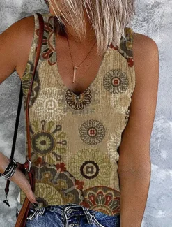 Clearance Women's Plus Size Camisole Tank Top Going Out Tops Vest Concert Tops Streetwear Casual Floral Buttons Print Sleeveless Regular Tops V Neck Holiday Light Green Blue Khaki Women Tank Tops & Camis