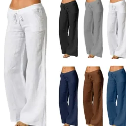 Best Women's Plus Size Cotton Linen Pants High Waist Solid Color Drawstring Wide Leg Comfy Breathable Quick Dry Micro-elastic Black White Dark Navy Blue Summer Spring Fall Loose Fit Women Pants