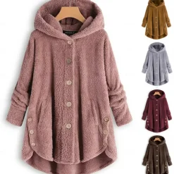 Discount Women's Plus Size Fleece Shirts Fleece Jacket Sports Teddy Pullover Fleece Solid Color Street Casual Hoodie Buttons Front Pocket Long Sleeve claret turmeric Black Navy Blue Fall Women Sleepwear