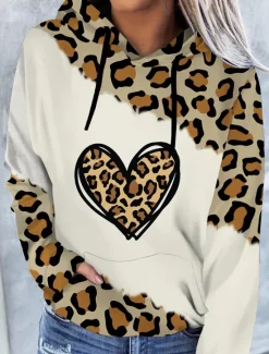 Outlet Women's Plus Size Hoodie Pullover Heart Leopard Cat Casual Sports Drawstring Print Active Vintage Streetwear Long Sleeve Without Lining Micro-elastic Comfrt Breathable Soft Fabric Women Independence Day Top