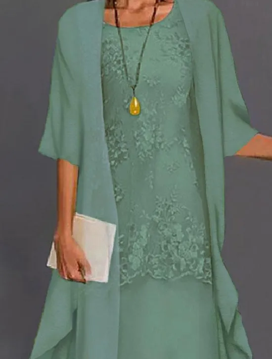 Outlet Women's Plus Size Knee Length Dress Lace Dress Dress Set Two Piece Dress Church Dress Elegant Classic Chinoiserie Formal Vacation Wedding Guest Regular Fit Pure Color Half Sleeve Crew Neck Light Blue Women Chiffon Dresses