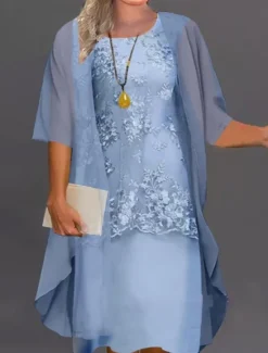 Outlet Women's Plus Size Knee Length Dress Lace Dress Dress Set Two Piece Dress Church Dress Elegant Classic Chinoiserie Formal Vacation Wedding Guest Regular Fit Pure Color Half Sleeve Crew Neck Light Blue Women Chiffon Dresses