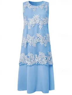 Outlet Women's Plus Size Knee Length Dress Lace Dress Dress Set Two Piece Dress Church Dress Elegant Classic Chinoiserie Formal Vacation Wedding Guest Regular Fit Pure Color Half Sleeve Crew Neck Light Blue Women Chiffon Dresses