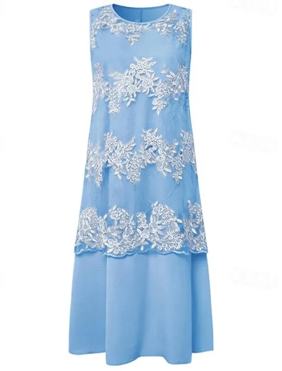 Outlet Women's Plus Size Knee Length Dress Lace Dress Dress Set Two Piece Dress Church Dress Elegant Classic Chinoiserie Formal Vacation Wedding Guest Regular Fit Pure Color Half Sleeve Crew Neck Light Blue Women Chiffon Dresses