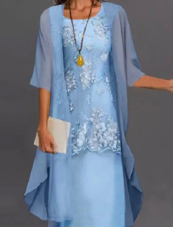 Outlet Women's Plus Size Knee Length Dress Lace Dress Dress Set Two Piece Dress Church Dress Elegant Classic Chinoiserie Formal Vacation Wedding Guest Regular Fit Pure Color Half Sleeve Crew Neck Light Blue Women Chiffon Dresses