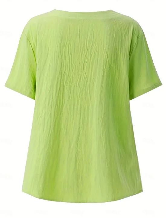 Sale Women's Plus Size Linen-Inspired Shirts Button Up T Shirt Graphic Casual Short Sleeve Round Neck Regular Tops Daily Print Spring All Seasons Women Shirts